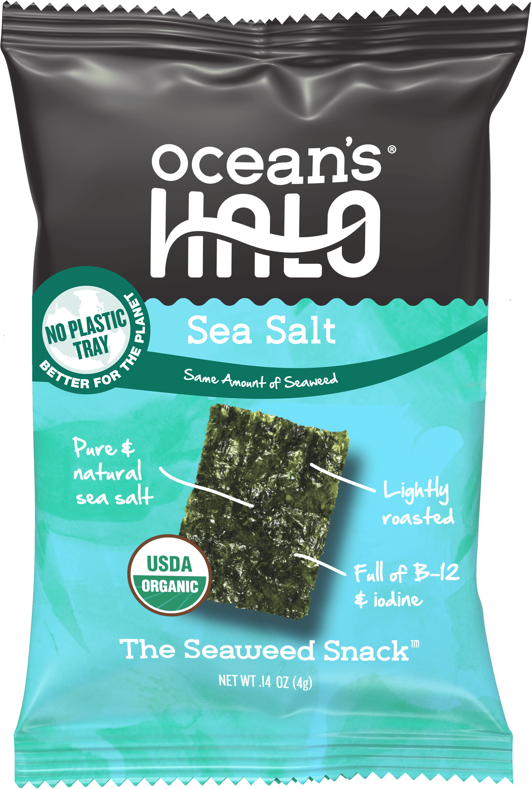 Ocean's Halo, Organic Trayless Seaweed Snack, Sea Salt, Vegan, No Plastic Tray, 1pk Nori, Shelf-Stable, 0.14 oz