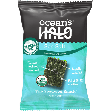 Ocean's Halo, Organic Trayless Seaweed Snack, Sea Salt, Vegan, No Plastic Tray, 1pk Nori, Shelf-Stable, 0.14 oz