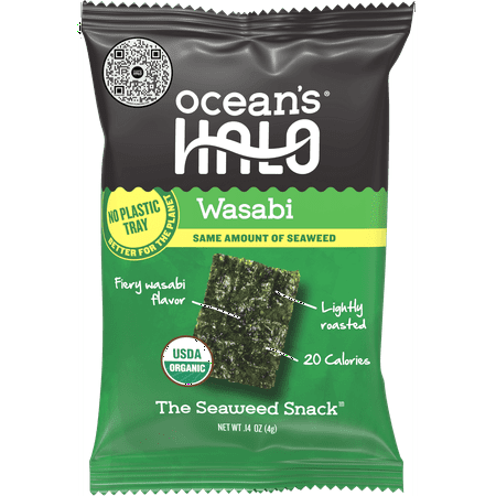 Ocean's Halo, Organic Trayless Seaweed Snack, Wasabi, Vegan, No Plastic Tray, 1pk Nori Sheets, Shelf-Stable, 0.14 oz Pack Of 3