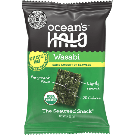 Ocean's Halo, Organic Trayless Seaweed Snack, Wasabi, Vegan, No Plastic Tray, 1pk Nori Sheets, Shelf-Stable, 0.14 oz