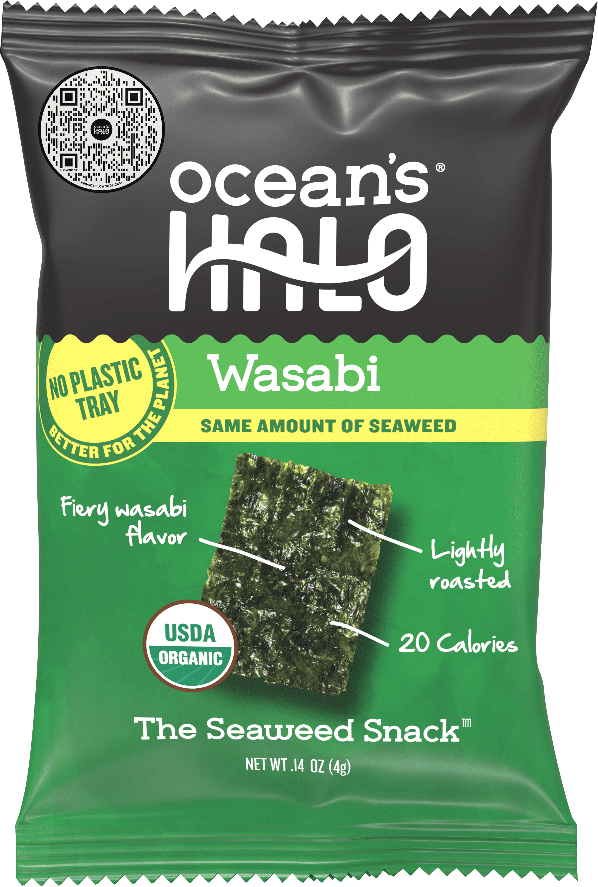 Ocean's Halo, Organic Trayless Seaweed Snack, Wasabi, Vegan, No Plastic
