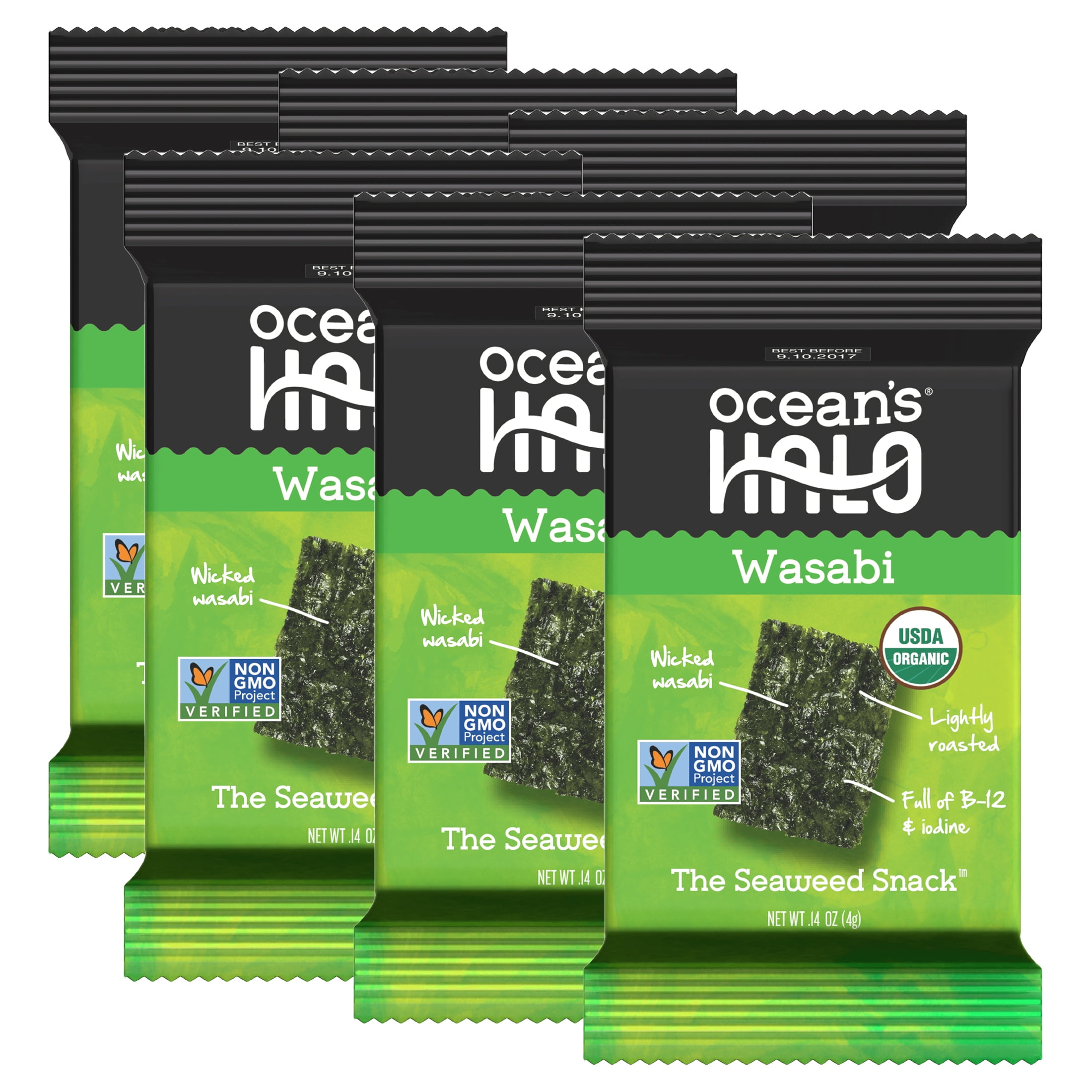(6 pack) Ocean's Halo Organic Wasabi Seaweed Nori Snack, .14 oz.