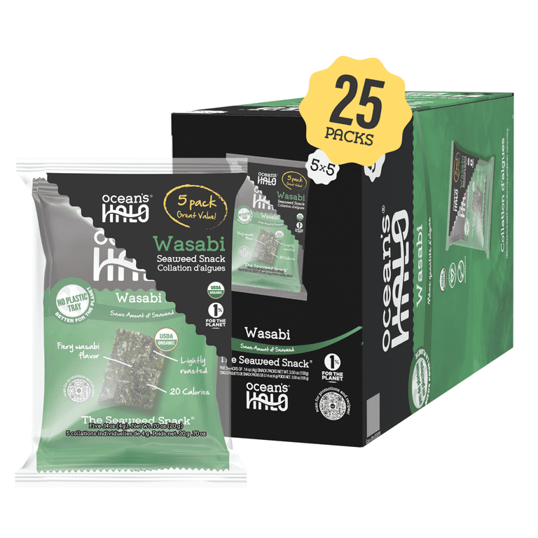 Ocean's Halo Organic Wasabi Seaweed Snack, 25 Pack Crispy Nori