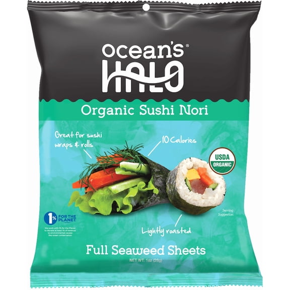 Ocean's Halo, Sushi Nori Seaweed, Organic, Vegan, Perfect Paper for Wraps, Shelf-Stable, 1 oz.