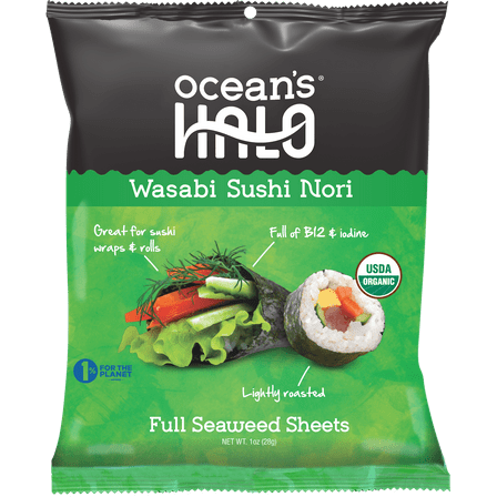 Ocean's Halo, Wasabi Sushi Nori Seaweed Sheets, Organic, Vegan, Shelf-Stable, Perfect Paper for Wraps, 10 per Pack, 1.4 oz.