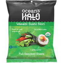 Ocean's Halo, Wasabi Sushi Nori Seaweed Sheets, Organic, Vegan, Shelf-Stable, Perfect Paper for Wraps, 10 per Pack, 1.4 oz.