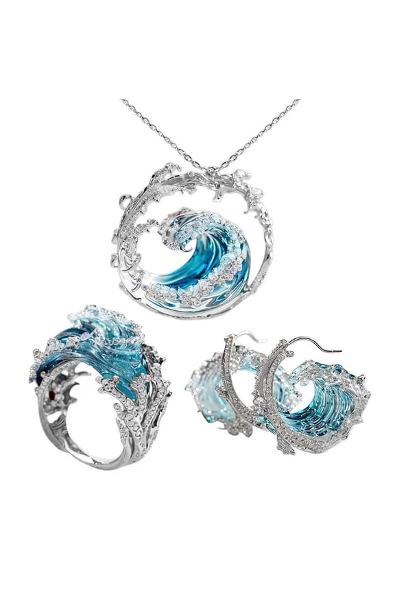 Ocean's Oath Jewelry Set, Boho Blue Ocean Wave Necklace Earring Rings NEW Z3S1