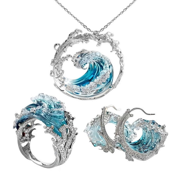 Jewelry Set, Oceans Oath Necklace, Adjustable Ocean Wave Necklace/Ring/Earring, Ocean Wave Earrings Rings Necklace Set