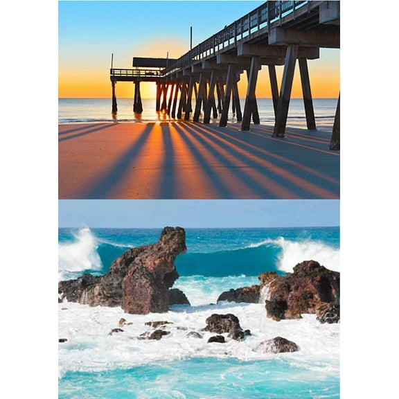 Ocean scenes: 2 Lenticular 3D Postcard Greeting Cards - Pier at Sunrise & Pacific Ocean Waves
