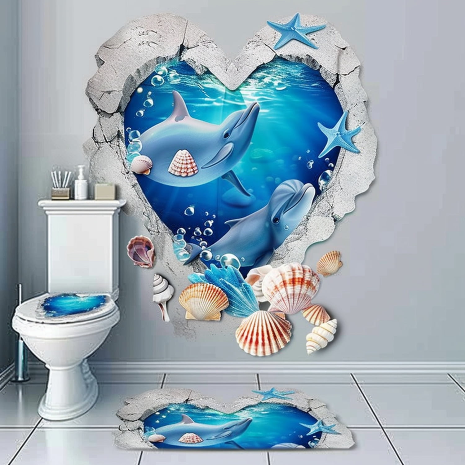 Oceanthemed Bathroom Decor Set 3D Heart Wall Decal with Blue Dolphins