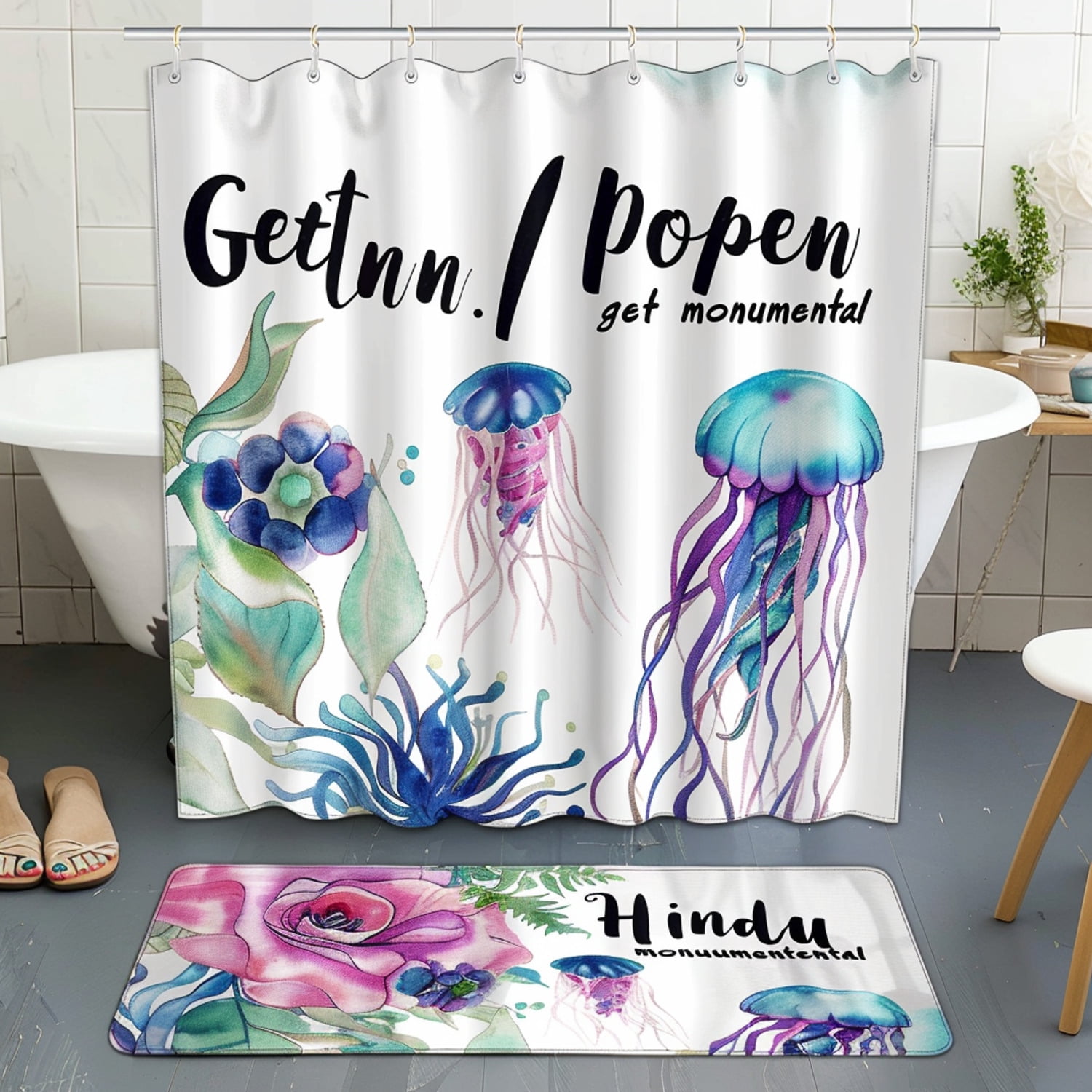 Oceanthemed Bathroom Decor Set Watercolor Jellyfish Art Floral Hindu