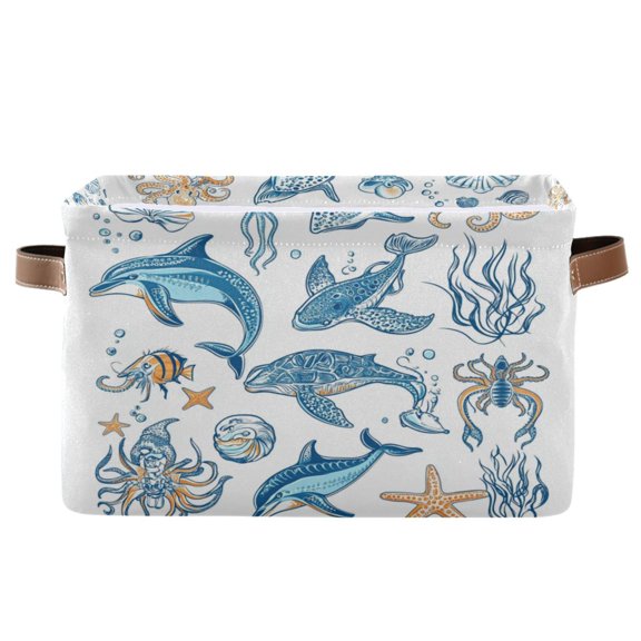 Ocean-themed Pattern Foldable Storage Basket,Canvas Fabric Foldable Storage Bins with Handles Open Home Storage Bins Boxes for Toy Book Shelf Closet Baskets
