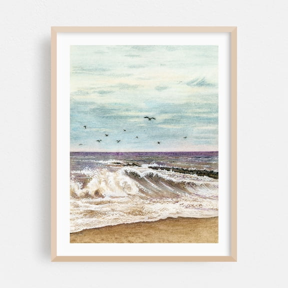 Ocean waves and stormy sky - Drawing Seascape Waves Ocean Coast Beach Bird Pastel Oak Framed Wall Art Print 5 x 7 inches