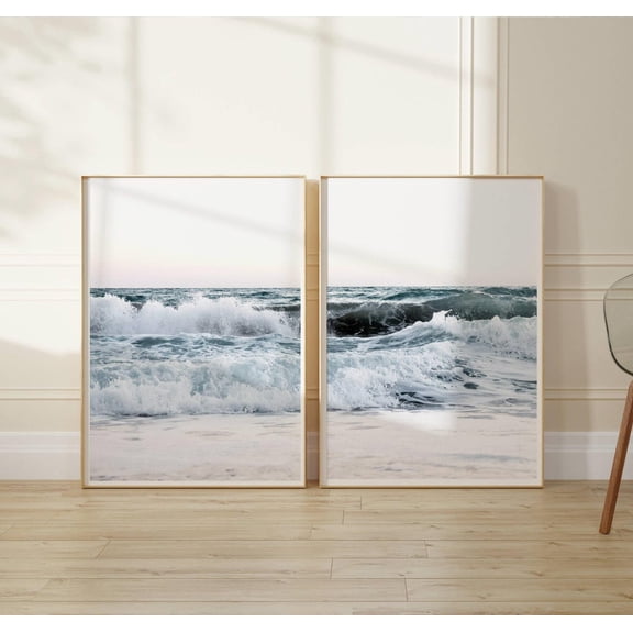 Ocean waves piece wall art, blue beach waves prints set of 2, modern coastal photography, ocean downloadables, printable wall art Set