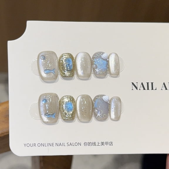 Ocean wind small fish bubble cat eye shell summer short hand-worn nail handmade manicure fake nail
