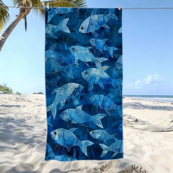 Ocean wind smart fish pattern soft beach towel, blue fish print pattern, microfiber bath towel, fast drying, super water absorption, suitable for seaside vacation, beach walking,