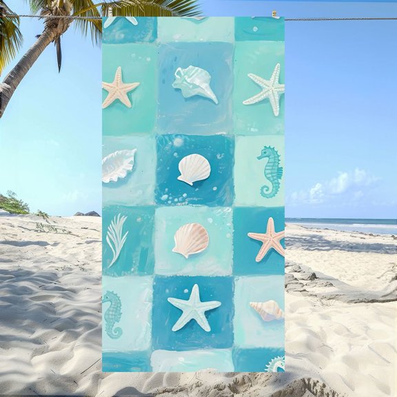 Ocean wind three-dimensional shell starfish seahorse pattern beach towel, enjoy the seaside vacation style, suitable for yoga, diving, summer travel, vacation, bathroom decoration