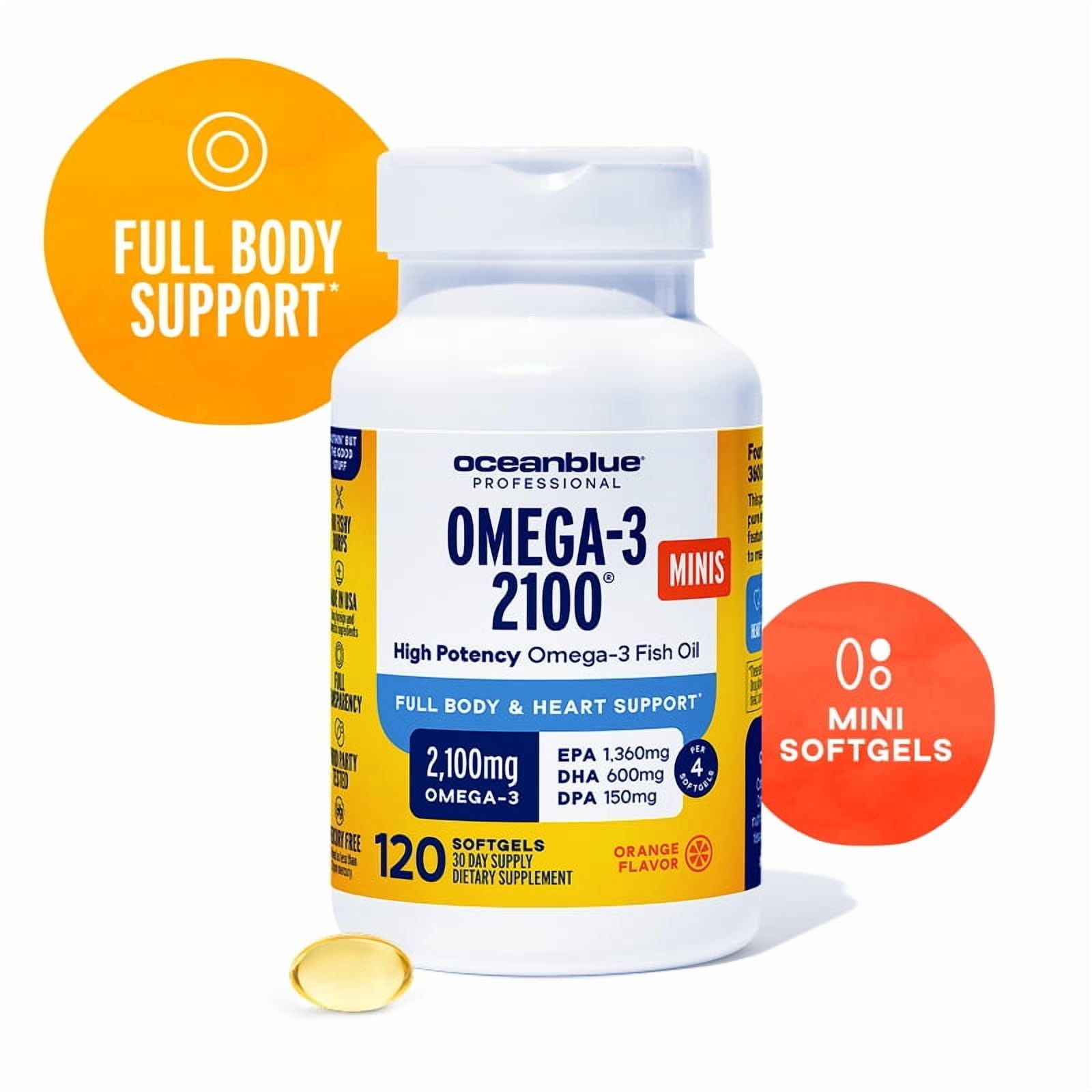 OceanBlue Omega-3 Fish Oil 2100 Mini Softgels, 120 Ct, No Burp Formula, Gluten-Free, Omega 3 Supplement for Cognitive Support, 30 Servings