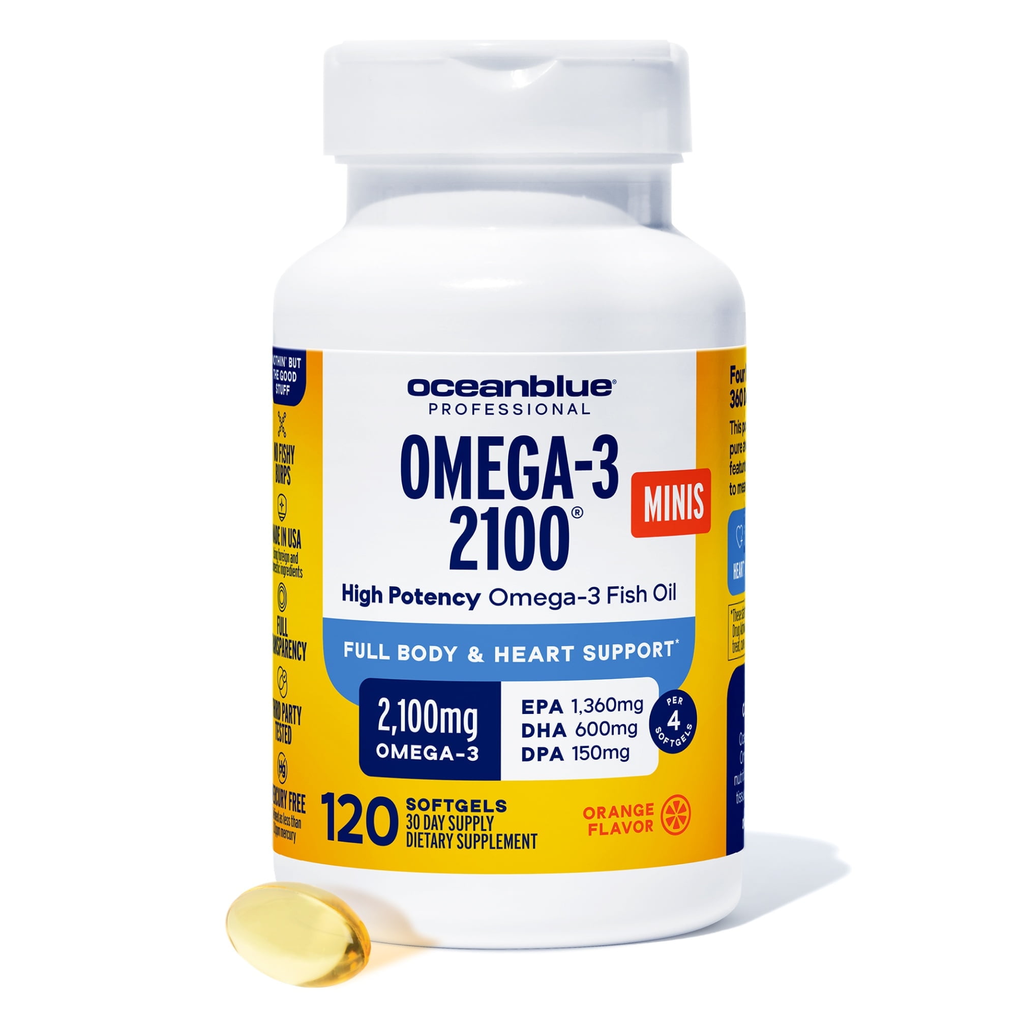OceanBlue Omega-3 Fish Oil 2100 Mini Softgels, 120 Ct, No Burp Formula, Gluten-Free, Omega 3 Supplement for Cognitive Support, 30 Servings