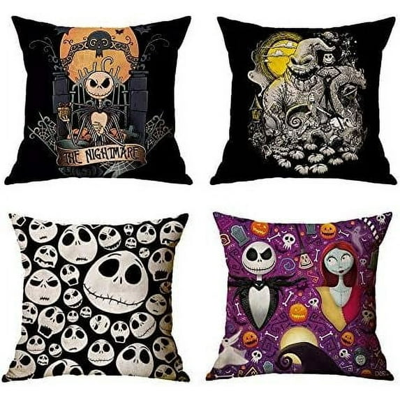 OceanCube Halloween 4PCS Throw Pillow Cover Cartoon Jack and Sally Cute and Lovely Cushion Cases The Nightmare Before Christmas Decorative Pillowcases 18''''X18''''