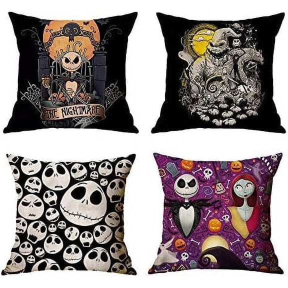 OceanCube Halloween 4PCS Throw Pillow Cover Cartoon Jack and Sally Cute and Lovely Cushion Cases The Nightmare Before Christmas Decorative Pillowcases 18''''X18''''