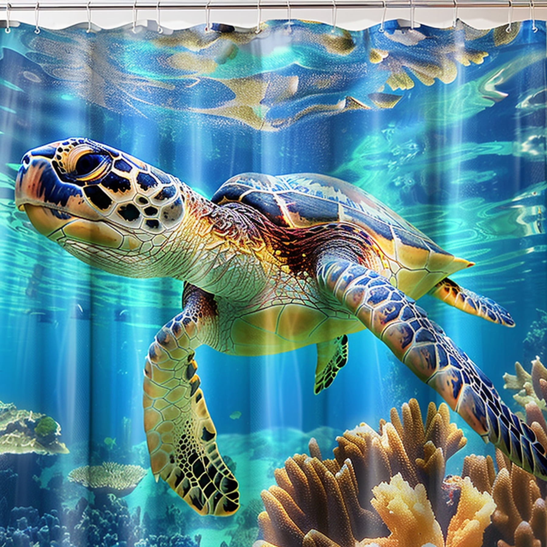 OceanThemed Bathroom Curtain Graceful Sea Turtle Design with Coral Reefs and Marine Life