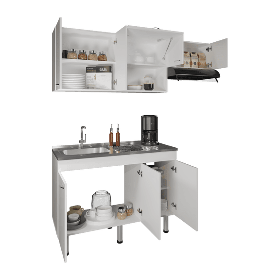 Oceana Kitchen Top Cabinet with Stainless Steel Utility Sink Set, Door Base Cabinet, Door Top Wall Cabinet with Pull-Up Door and Storages Shelves
