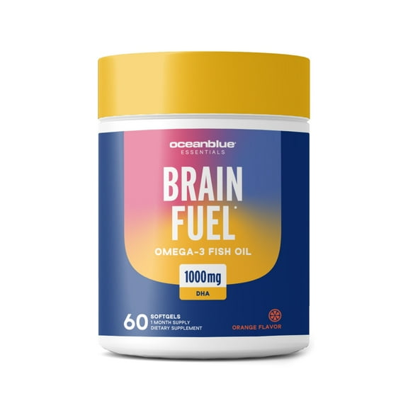 OceanBlue Essentials Brain Fuel Omega 60 Count Fish Oil Softgels, Burpless, Orange Flavor, Brain Function Support, Gluten-Free, No Mercury, Lactose-Free