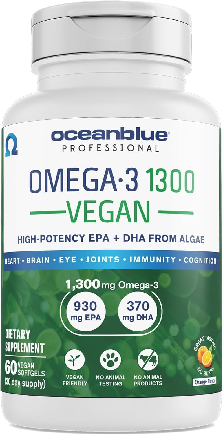 Oceanblue Professional Vegan Omega-3 1300-60 Count - Plant-Based Fish Oil Alternative, High-Potency Vegan DHA EPA Algae Oil Supplement - 30 Servings