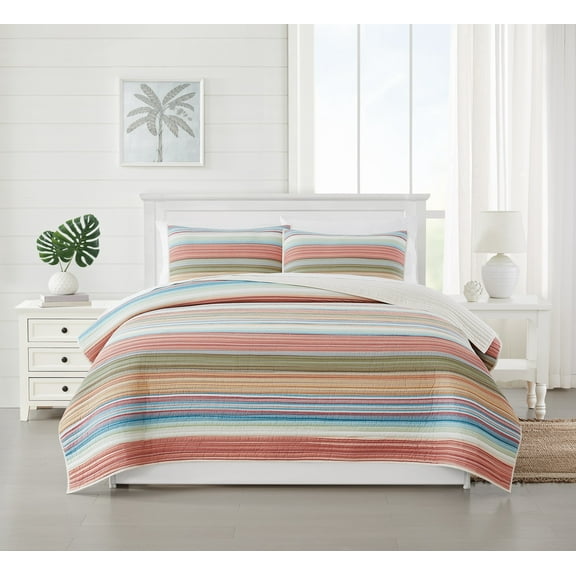 Oceanfront Resort Palm Beach Yarn Dye Stripe 3 Piece Full/Queen Quilt Set, Coastal and Nautical Themed, Oeko-TEX Certified Confidence