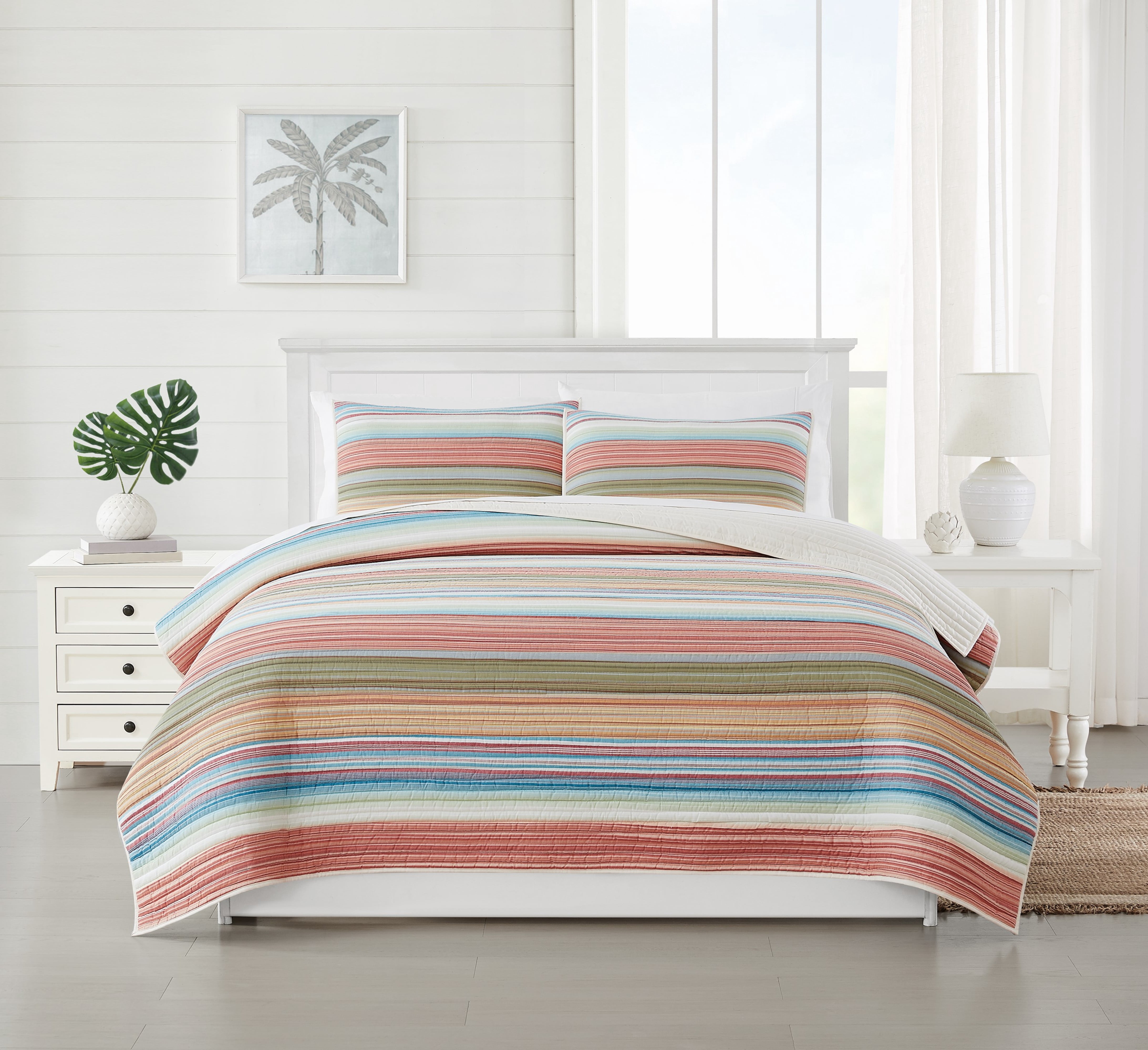 Oceanfront Resort Palm Beach Yarn Dye Stripe 3 Piece King Quilt Set, Coastal and Nautical Themed, Oeko-TEX Certified Confidence