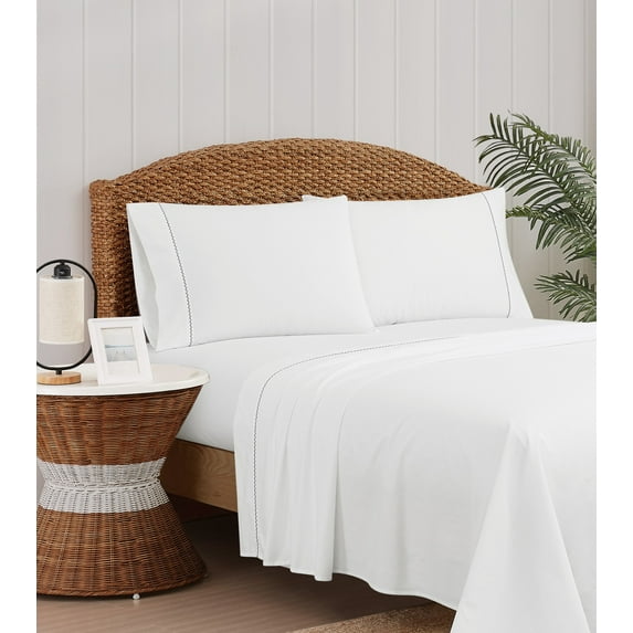 Oceanfront Resort Solid Percale White 4 Piece Queen Sheet Set, Solid Color Themed, Embroidered Hem, Oeko-TEX Certified Confidence