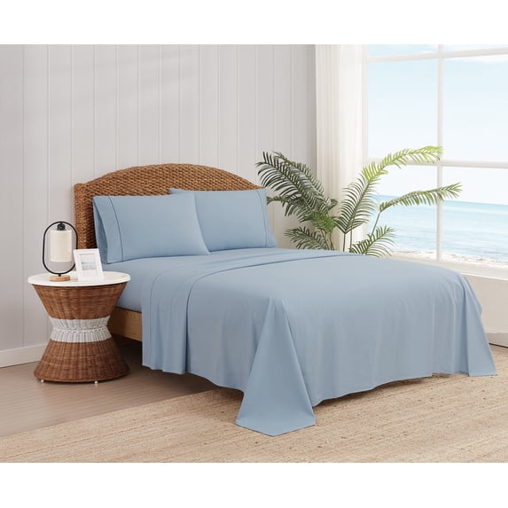 Oceanfront Resort Solid Percale Light Blue 5 Piece Split King Sheet Set, Solid Color Themed, Embroidered Hem, Oeko-TEX Certified Confidence