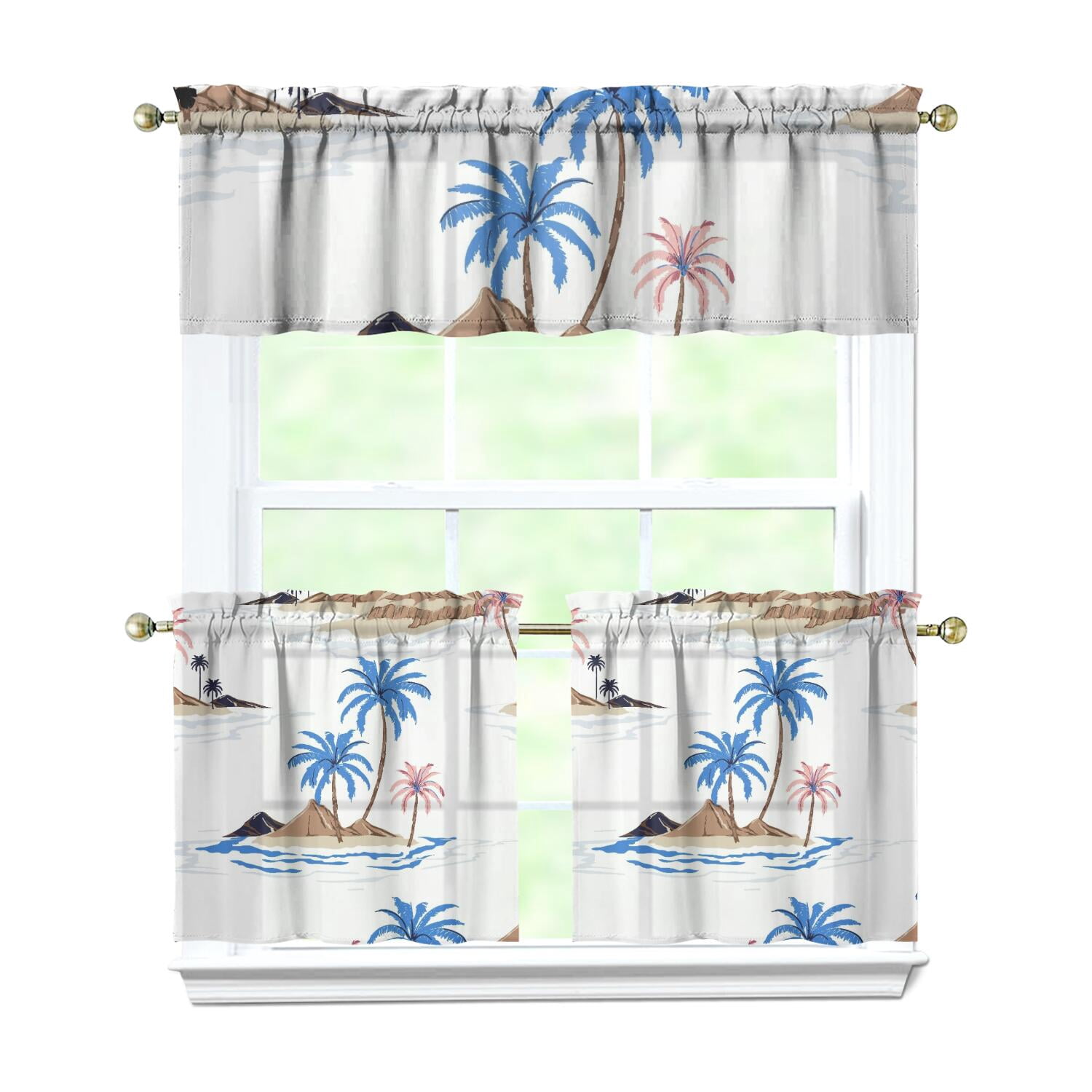Simhomsen Tropical Palm Leaf Kitchen Curtain Set - Hawaiian Luau Party Decor, Satin Fabric