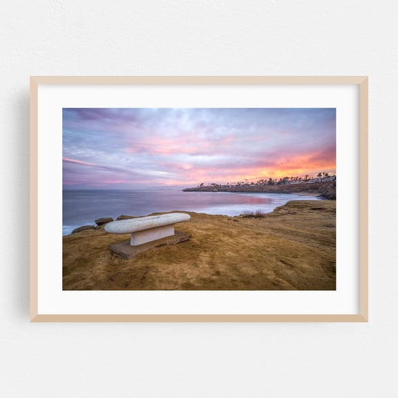Oceanfront Sunrise Serenity - San Diego California Photography Sunset Coast Ocean Beach Landscape Surfboard Pastel Oak Framed Wall Art Print 16 x 24 inches