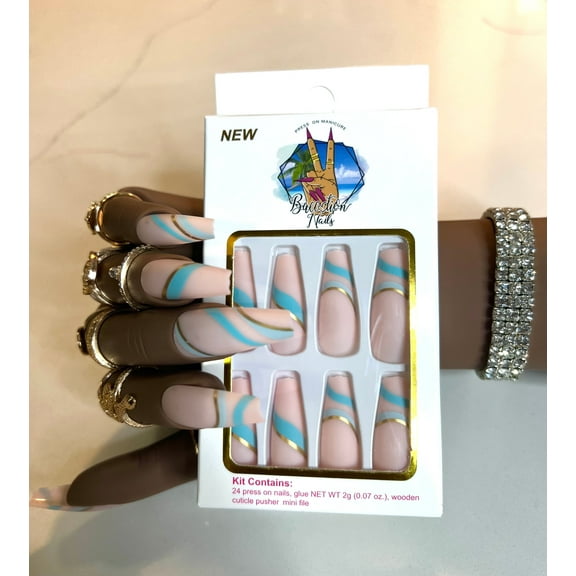 Oceanfront l blue swirl press on nails