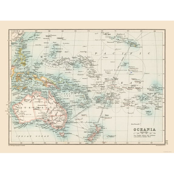 Historic Nautical Map - Oceania Sea Depth - Bartholomew 1892 - Vintage Wall Art