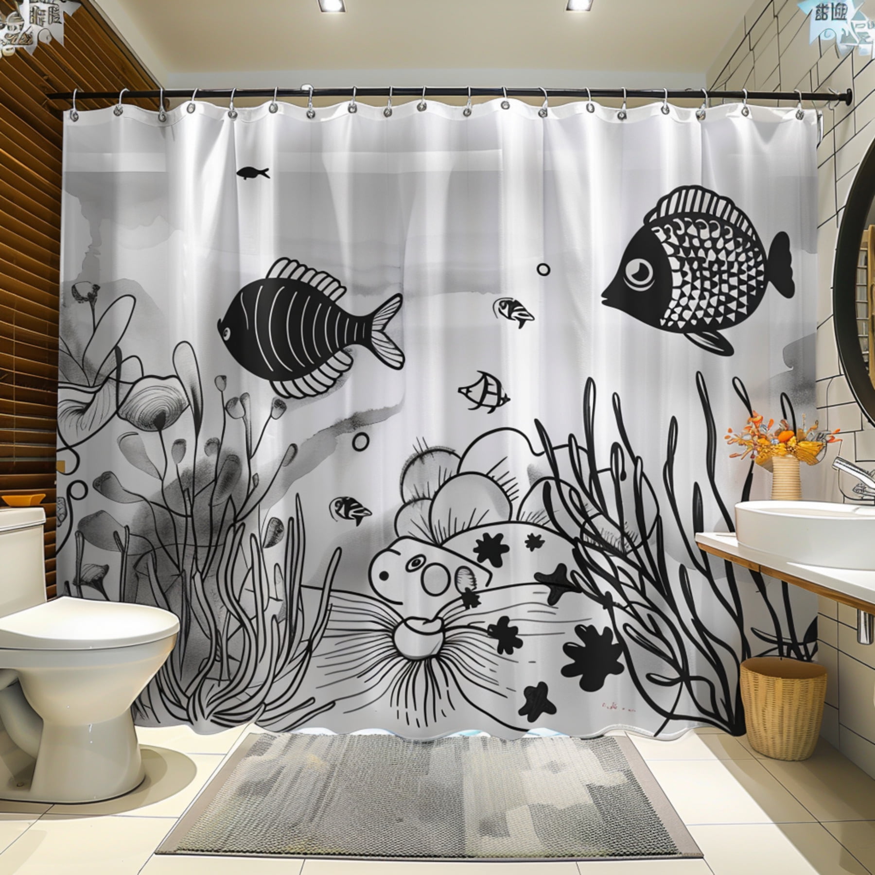 Oceanic Black and White Fish Shower Curtain with Coral Reefs and