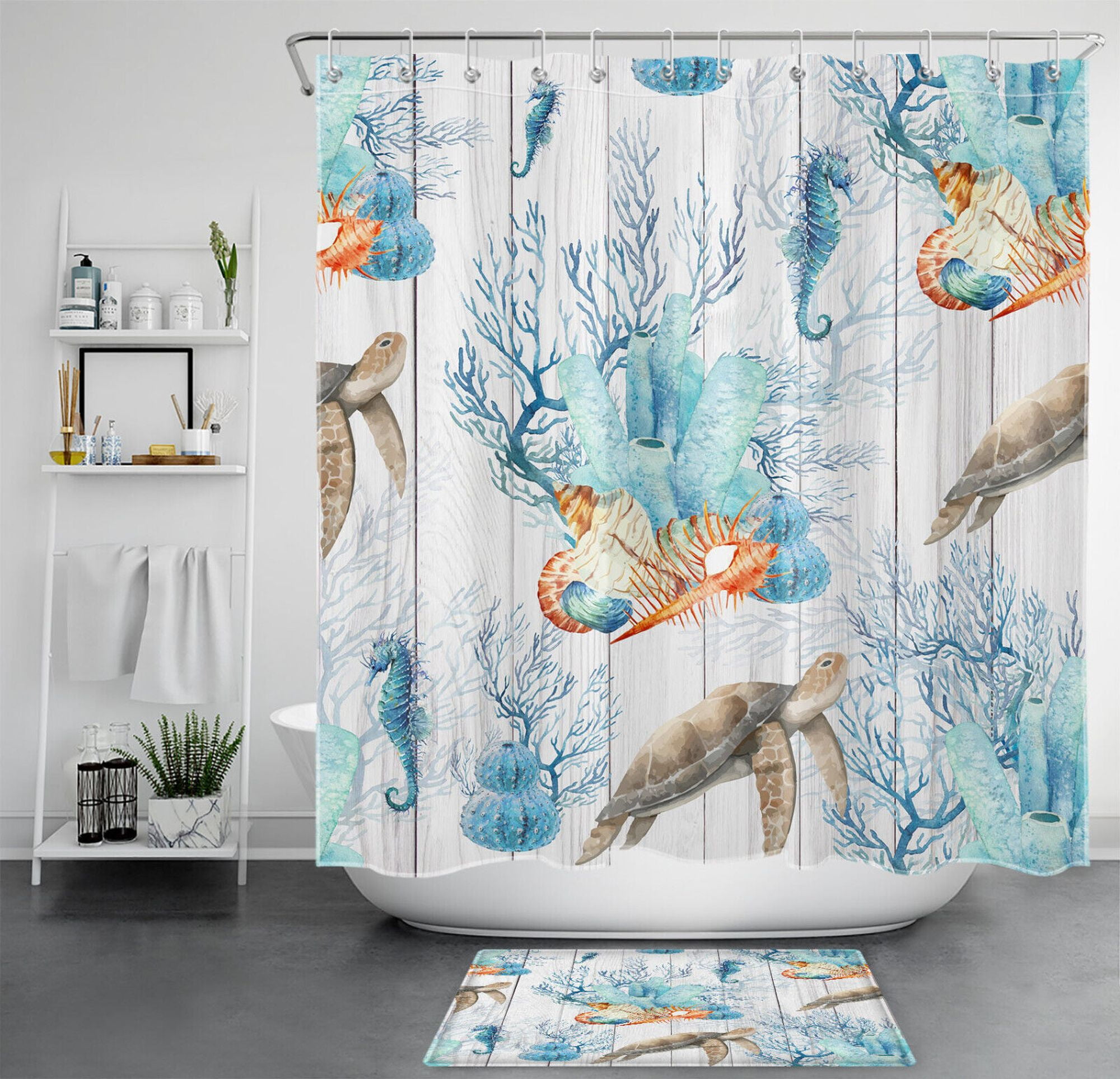 Oceanic Charm Vintage Sea Turtle Bathroom Set with Blue Coral Shower