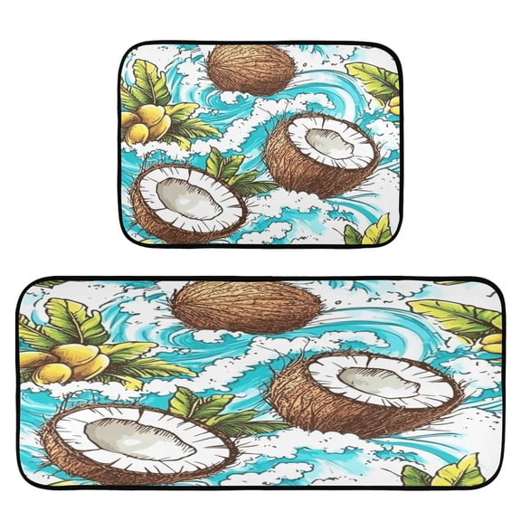 Oceanic Coconuts Pattern 2-Piece Kitchen Carpet Mat Set, Non-Slip Memory Foam, Soft for Kitchen and Living Room Use