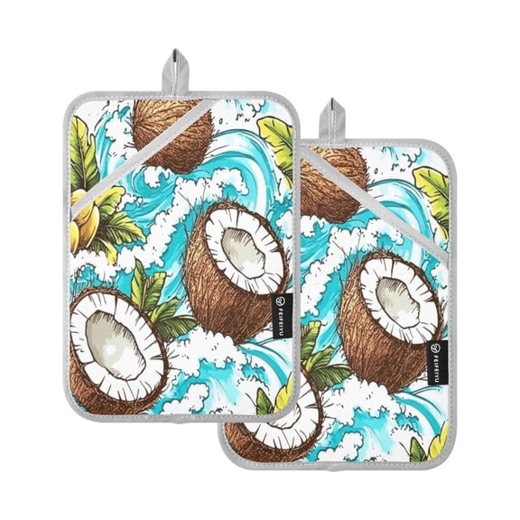 Oceanic Coconuts Pattern 7x9.8in Pot Holder Set Heat-Resistant Oven Hot Pads Durable with Storage Loop