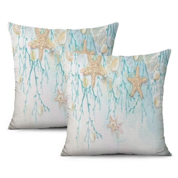 Oceanic Comfort for Your Couch: Set of 2 Nautical Coastal 20x20 inch Throw Pillows with Seashell, Coral, and Starfish Designs.