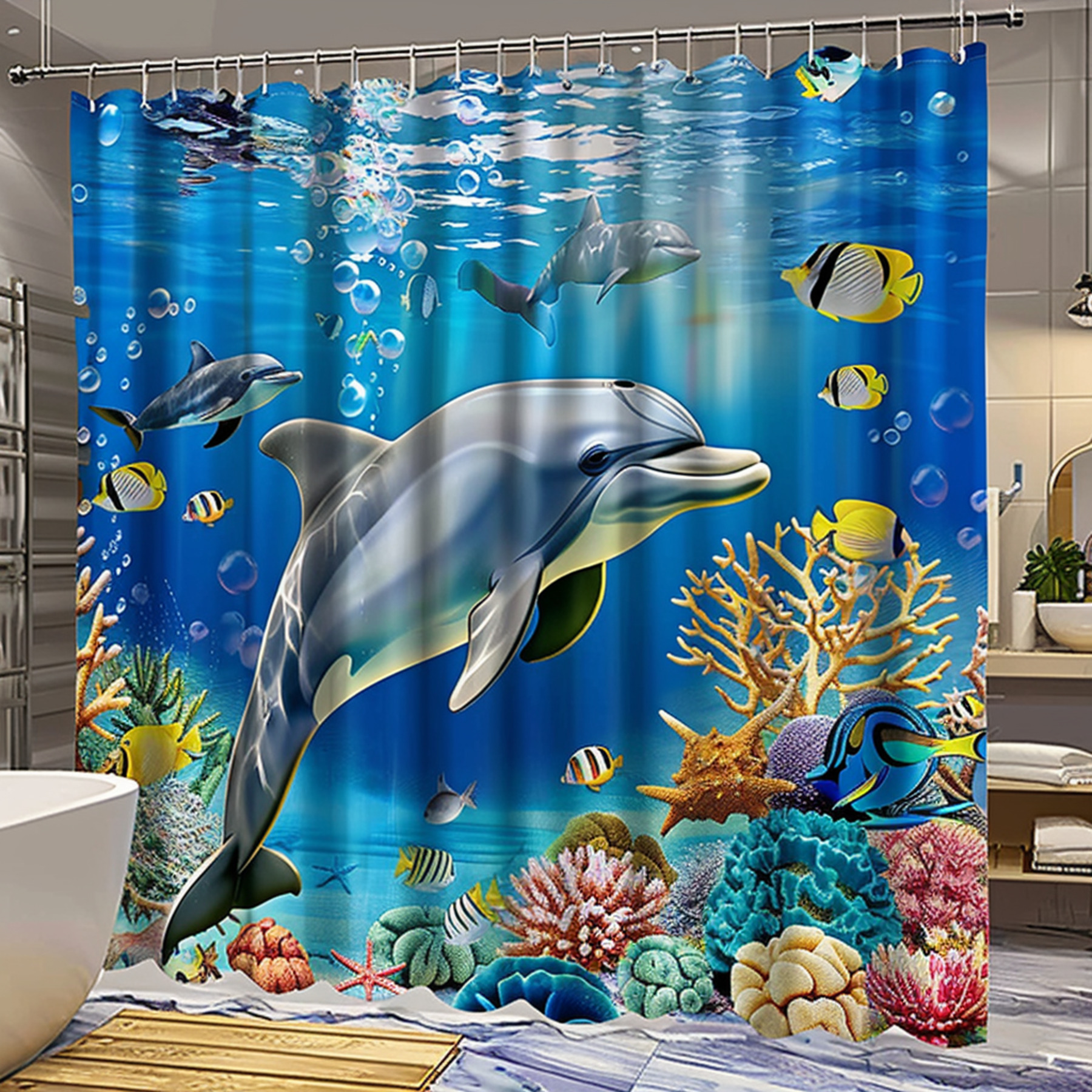 Oceanic Dolphin Shower Curtain Set with Coral Reef and Fish Ideal Bathroom Decor for Kids and