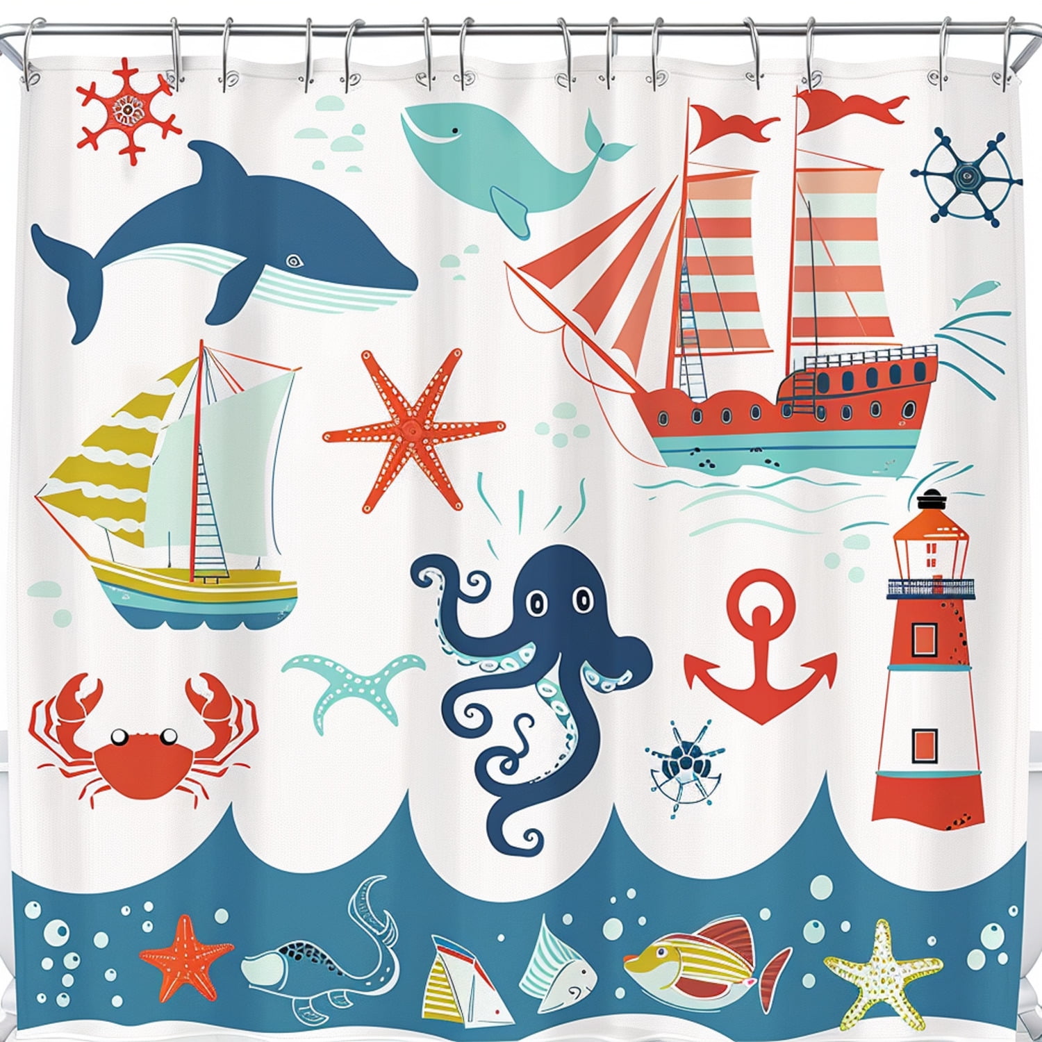Oceanic Elegance Nautical Shower Curtain with Whales Octopuses and