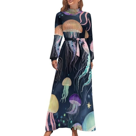 Oceanic Fantasy Print Women's Long Dress Long Sleeves Dress Vintage Dresses Party Maxi Dress High Waist Dress