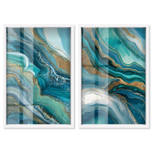 Oceanic Gold Set Shadowbox Print Sage Gold Wall Art Set by Art Remedy, White Frame, 20 x 30