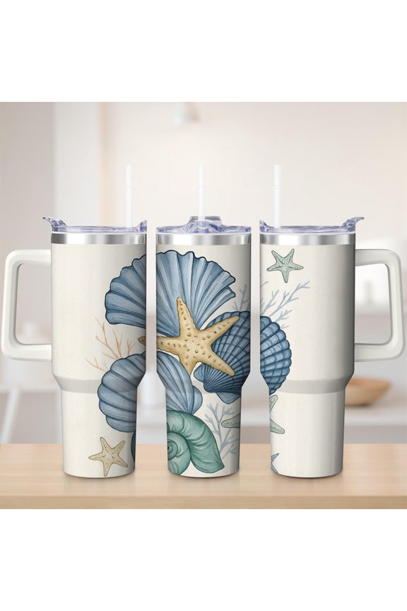Oceanic Seashell Stainless Steel Insulated Mug with Lid and Handle, 30oz