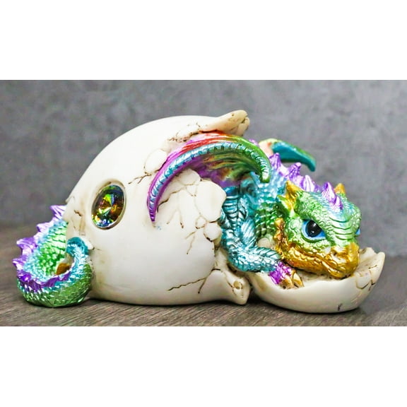 Oceanic Turquoise Green Iridescent Baby Dragon In Egg Shell With Gem Figurine