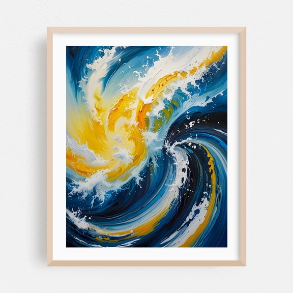 Oceanic Whirlwind - Painting Abstract Waves Modern Art Ocean Surrealism Seascape Cosmic Oak Framed Wall Art Print 16 x 20 inches