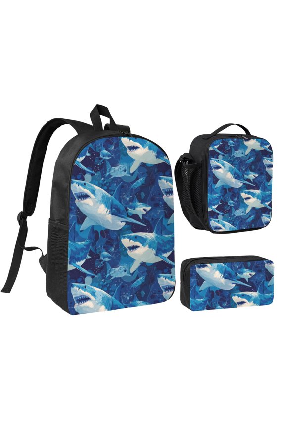 Oceanic predator scene Backpack Set,3PCS Backpack Set with Insulated Lunch Bag and Pencil Pouch,Travel Backpack,Large Capacity Daypack,Utility Organizer Set for Daily Use Travel